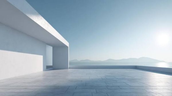 Minimalist modern architecture terrace overlooking open ocean horizon executive sabbatical clarity